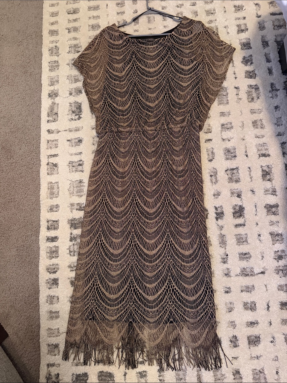 Ignite Evenings Fringe-Hem Lace Midi Dress in Black with Gold Overlay